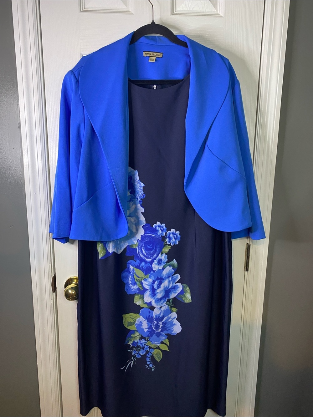 Maya Brooke Navy Floral Midi Dress with Royal Blue Jacket Size 22W.